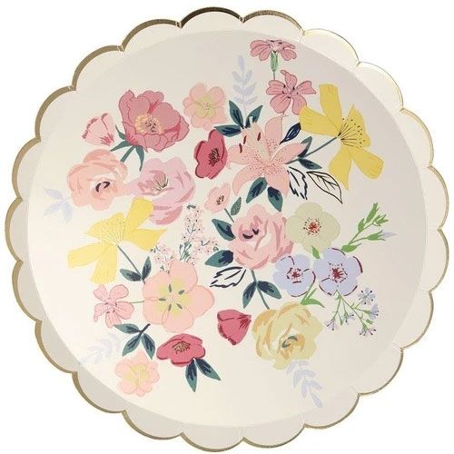 Meri Meri papieren feestbordje met een groot centraal boeket van diverse kleurrijke bloemen.