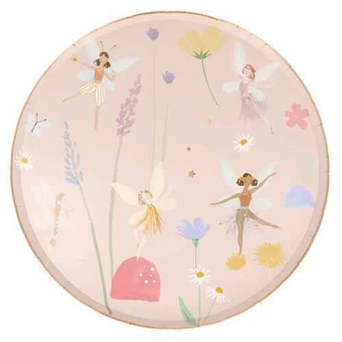 Meri Meri rond roze papieren feestbordje met illustraties van feeën en bloemen.