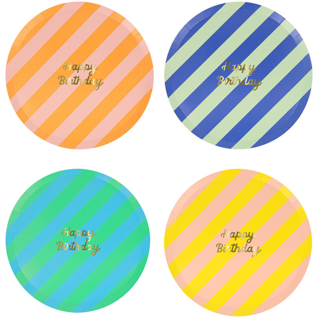 Meri Meri feestbordjes met gestreepte patronen in verschillende kleuren en de tekst "Happy Birthday".