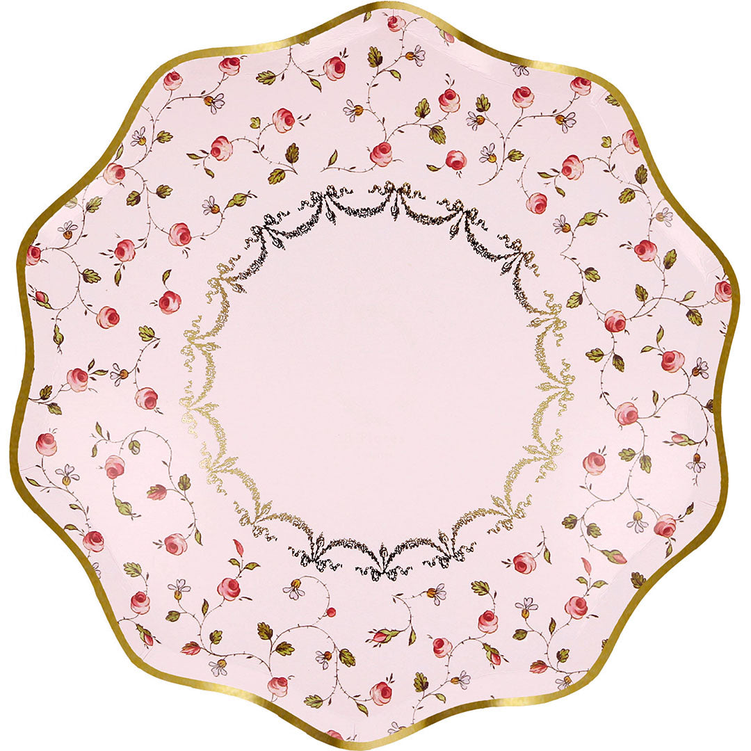 Meri Meri papieren bordje met roze bloemenpatroon van roosjes en gouden rand.