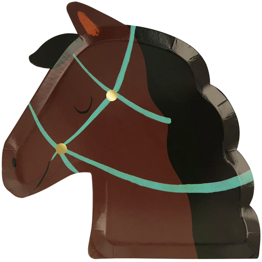 Een Meri Meri feestbordje in de vorm van een bruin paardenhoofd met turquoise hoofdstel.