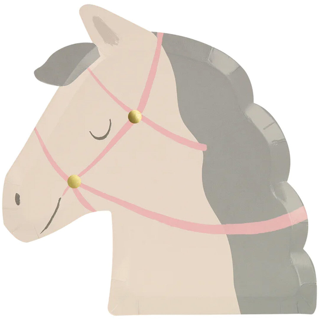 Een Meri Meri feestbordje in de vorm van een lichtbeige paardenhoofd met roze hoofdstel.
