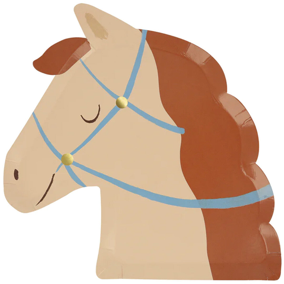 Een Meri Meri feestbordje in de vorm van een lichtbruin paardenhoofd met blauw hoofdstel.