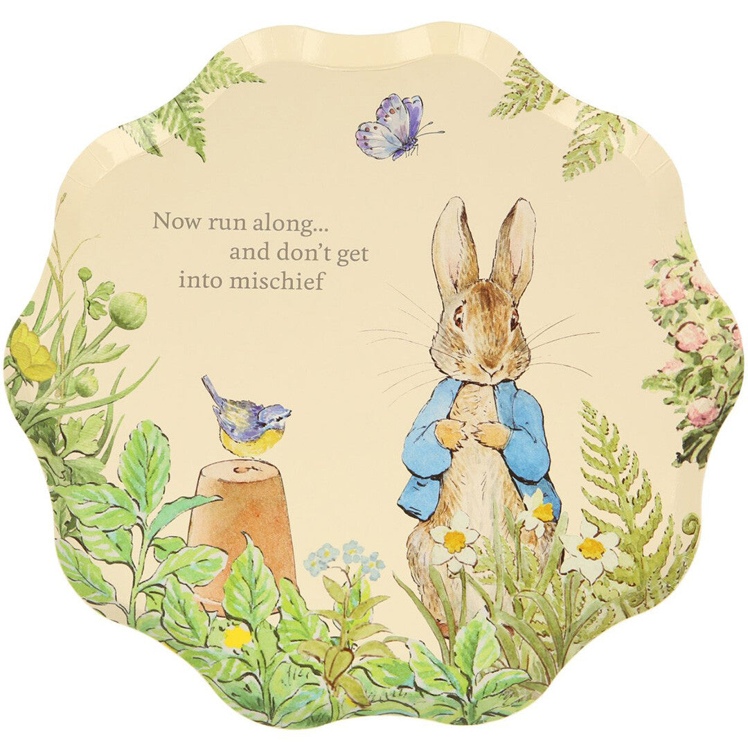 Meri Meri papieren bordje met een illustratie van Pieter Konijn in een tuin met bloemen en een vogel.