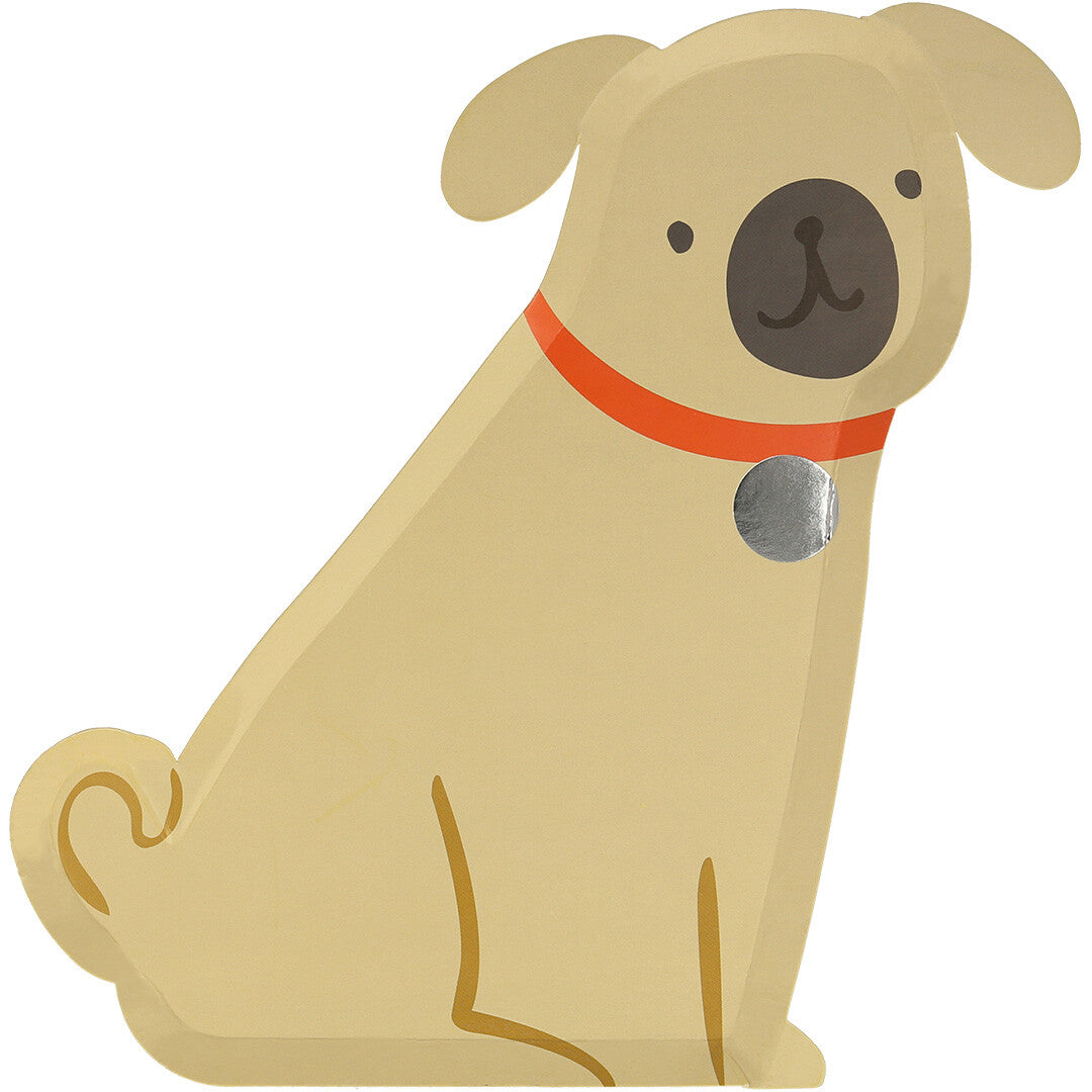 Meri Meri papieren feestbordje in de vorm van een beige puppy met rode halsband.
