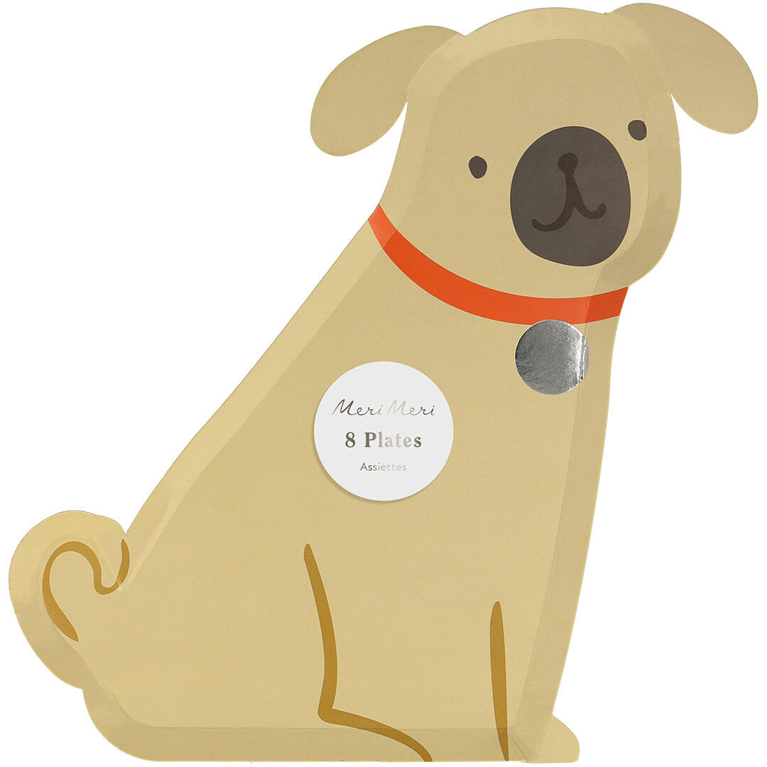 De verpakking van Meri Meri papieren feestbordjes in de vorm van een beige puppy, met een sticker '8 Plates'.