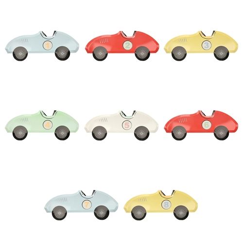 Negen meri meri raceauto bordjes in verschillende kleuren, waaronder lichtblauw, rood en geel.
