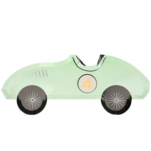 Een lichtgroen meri meri raceauto bordje met het nummer 4 erop.