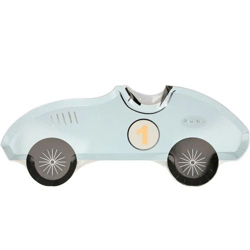Een lichtblauw meri meri raceauto bordje met het nummer 1 erop.