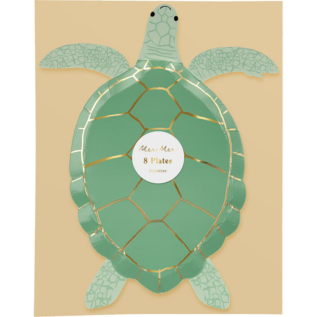 Verpakking van Meri Meri papieren feestbordjes met een groene schildpad.