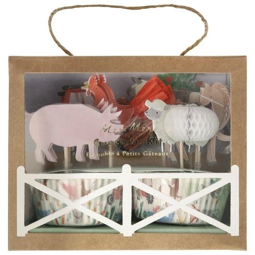 Meri Meri boerderij cupcake set verpakking met boerderijdier toppers en cupcake vormpjes.