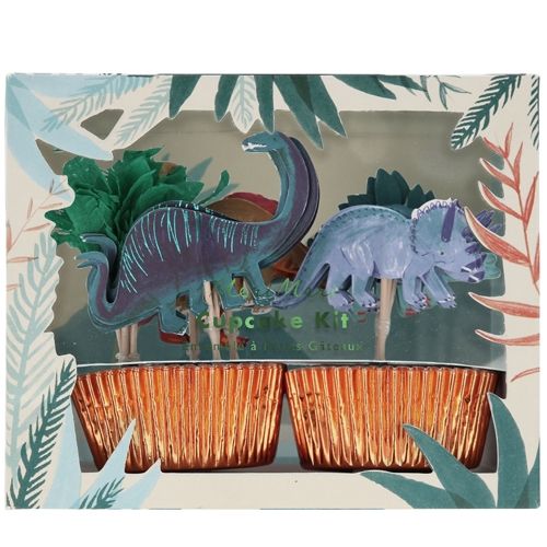 Verpakking van de Meri Meri cupcake kit met dino-toppers en koperkleurige cupcakevormpjes.
