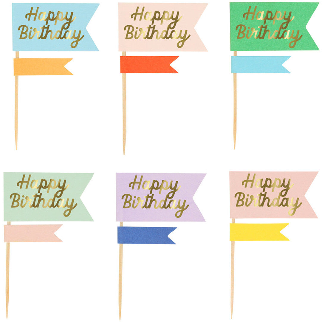 Zes Meri Meri Happy Birthday vlag cupcake toppers in verschillende kleuren.