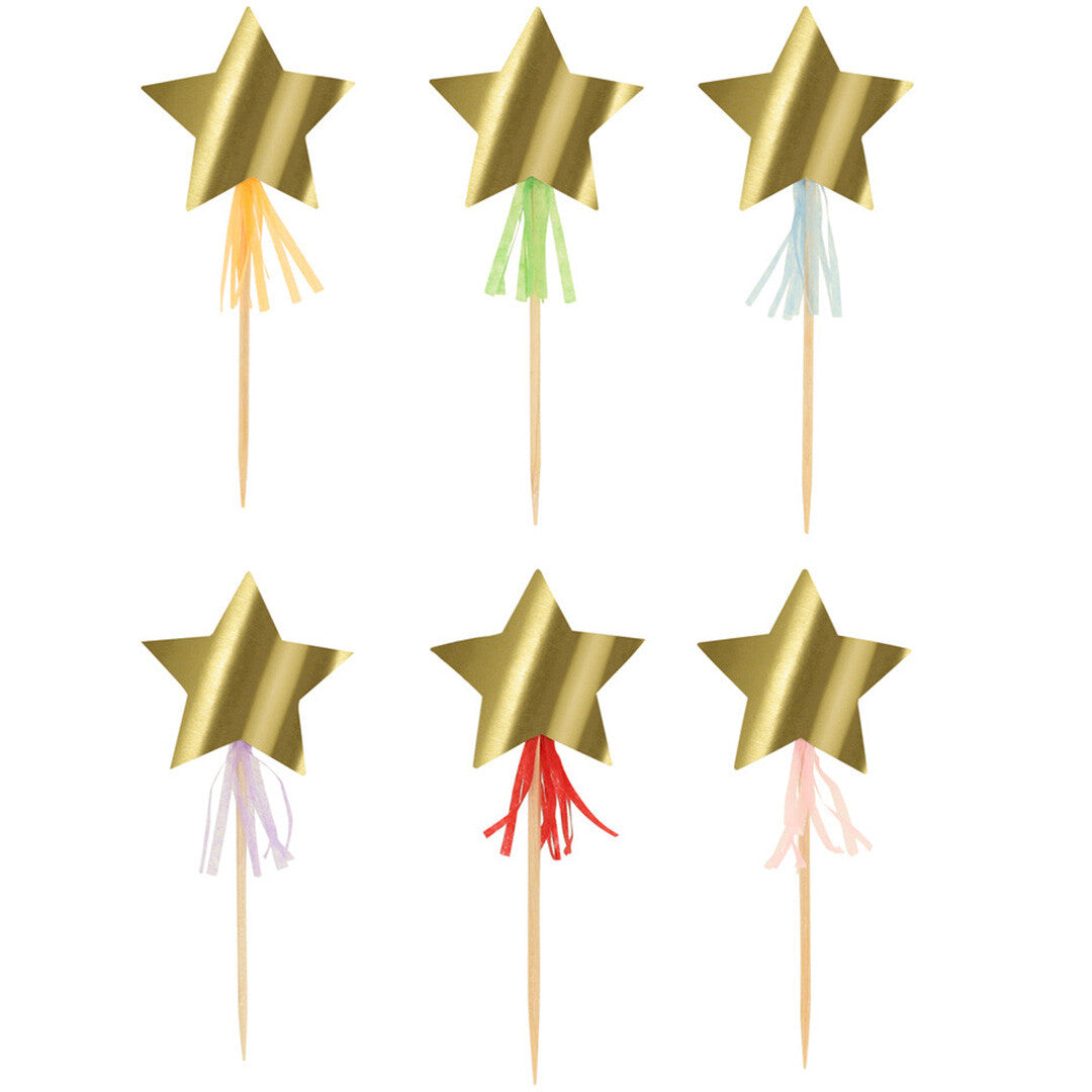 Zes Meri Meri gouden ster cupcake toppers met gekleurde lintjes.