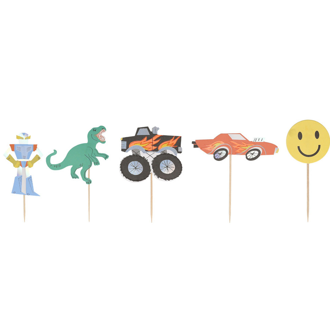 Vijf verschillende cupcake toppers op stokjes: een robot, dinosaurus, monster truck, raceauto en smiley.
