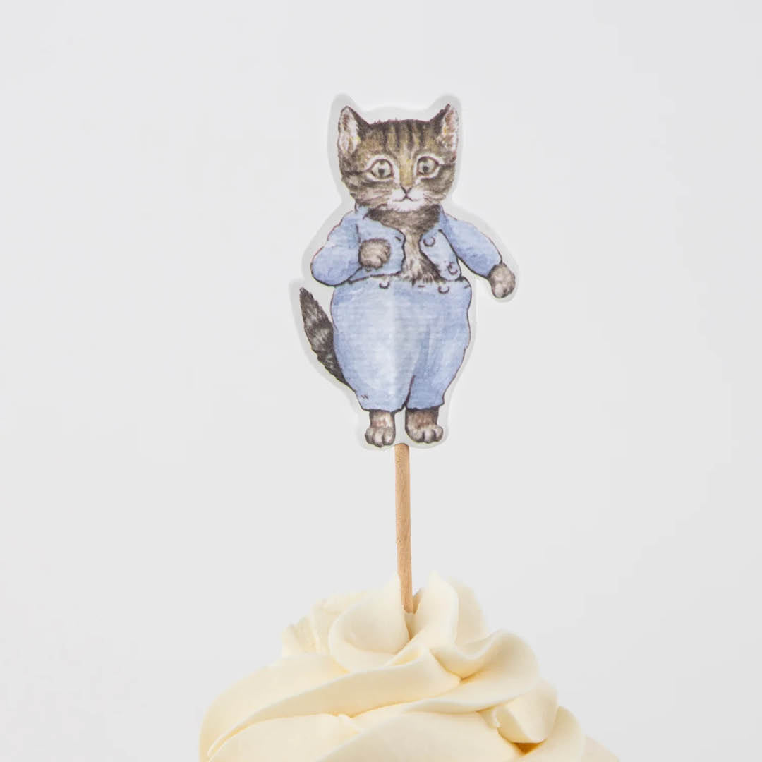 Detail van een cupcake met een topper van een kat in blauwe kleding uit de Pieter Konijn serie.