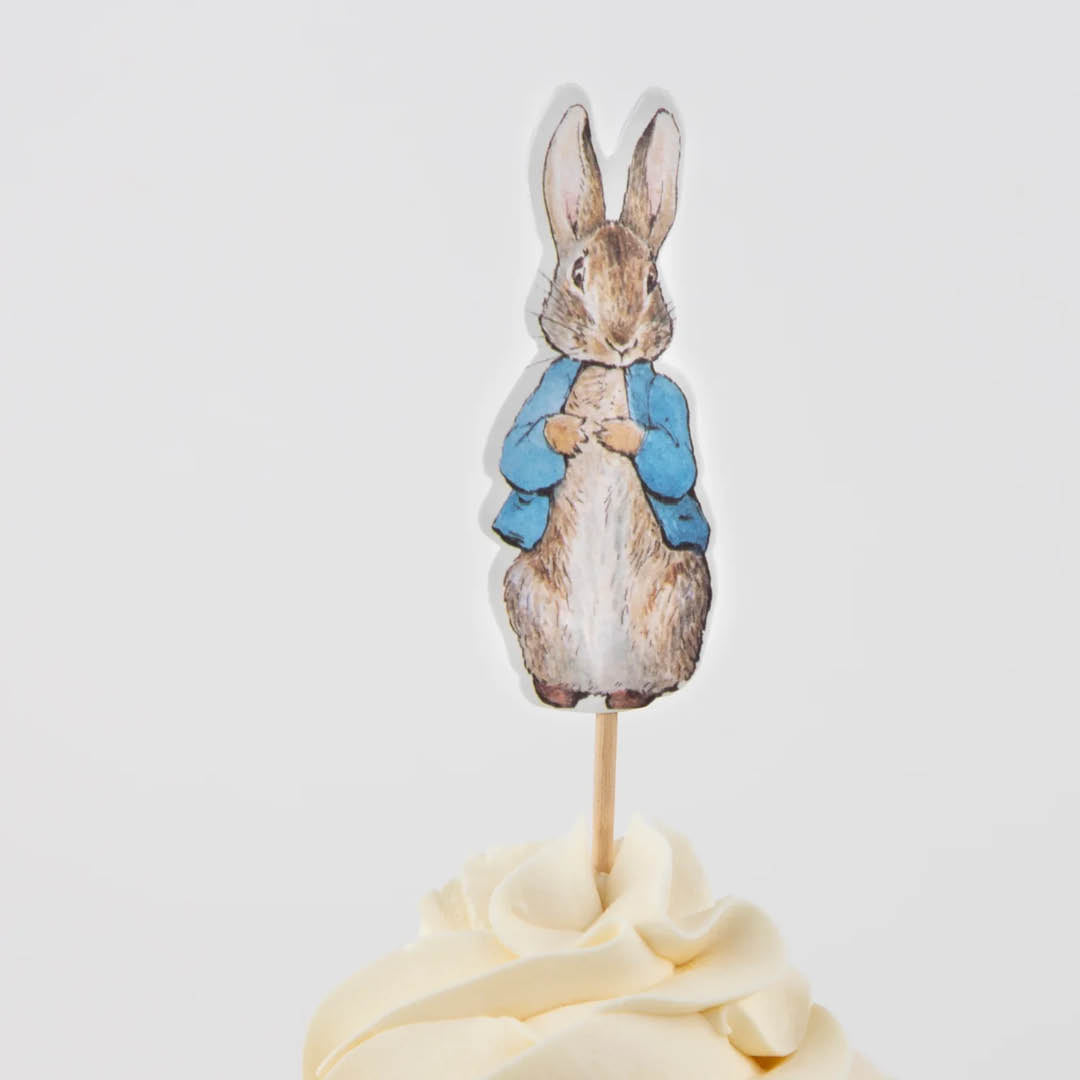 Detail van een cupcake met een topper van Pieter Konijn in een blauw jasje.