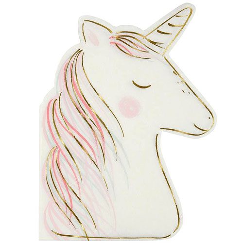 Meri Meri eenhoorn servet met witte eenhoornkop, roze manen en gouden details.