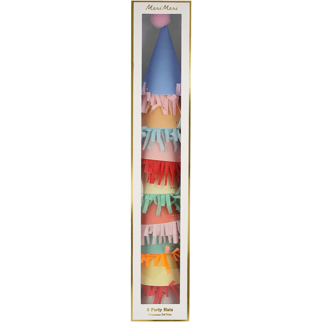 De verticale verpakking van Meri Meri mini feesthoedjes, met acht hoedjes zichtbaar door een venster.