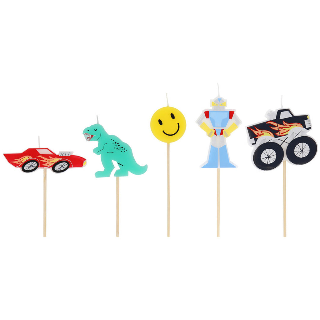 Meri Meri set van vijf verjaardagskaarsen in de vorm van een raceauto, dinosaurus, smiley, robot en monstertruck.