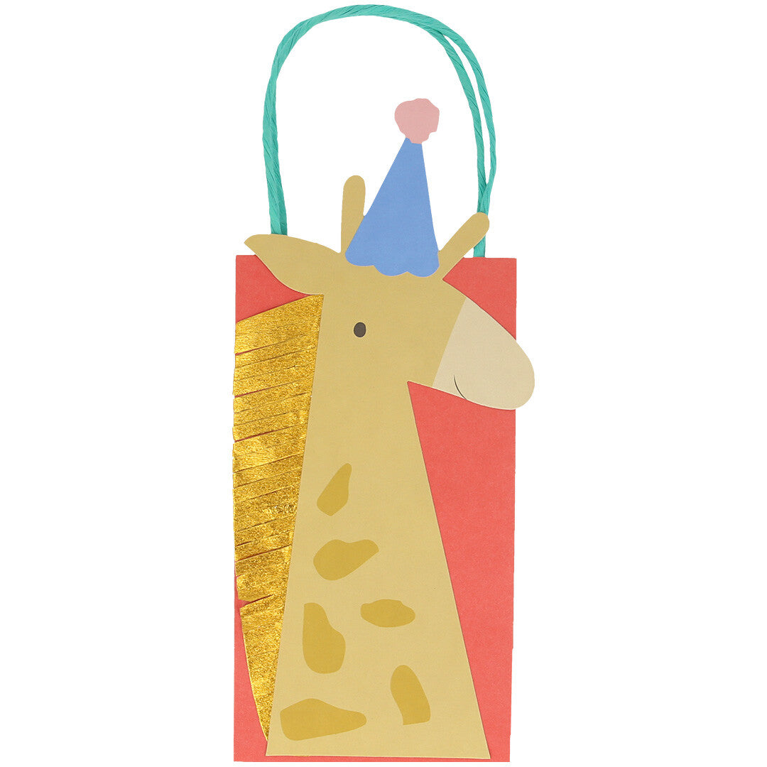 Een feesttasje met een giraffe met gouden manen en een blauw feesthoedje.