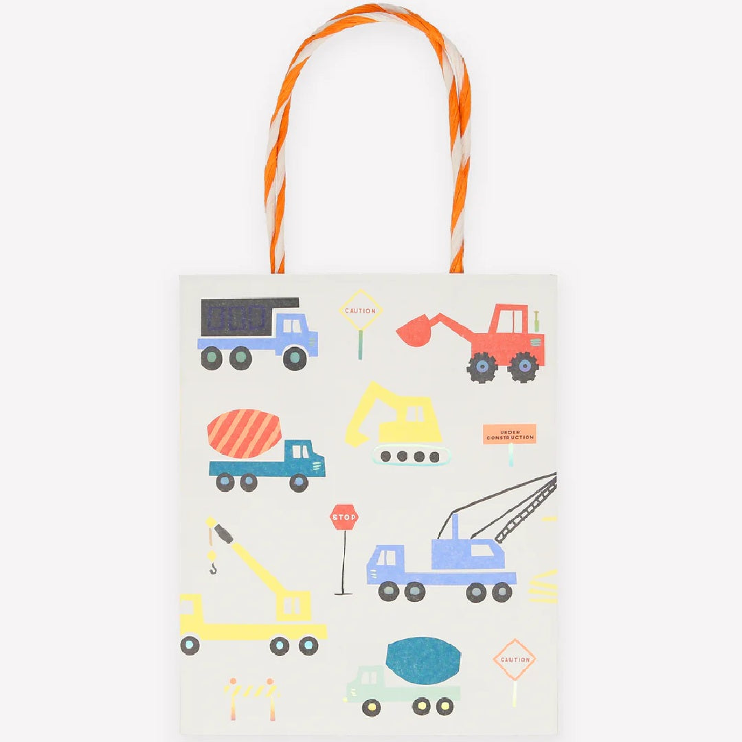 Meri Meri cadeautasje met een patroon van kleurrijke bouwvoertuigen.