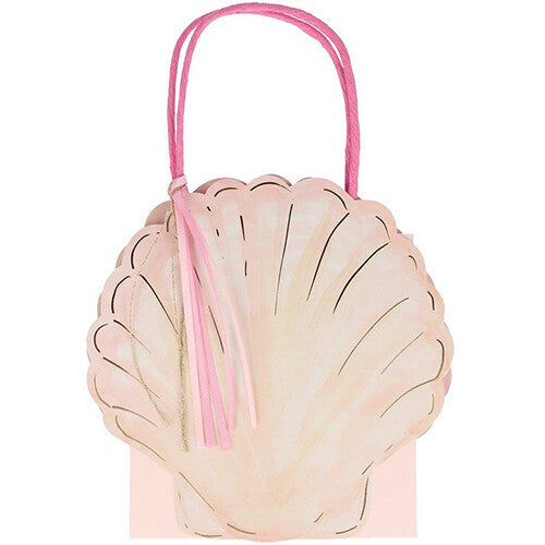 Meri Meri roze feesttasje in de vorm van een schelp met roze hengsel en kwastje.