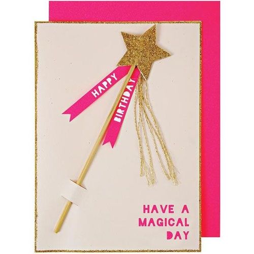 Meri Meri verjaardagskaart met een gouden glitter toverstokje en roze linten met de tekst 'Happy Birthday'.