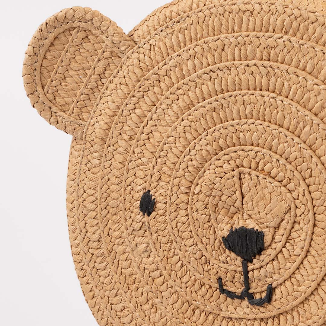 Detail van de geweven Meri Meri kinderhandtas in beervorm, met de geborduurde ogen en neus.