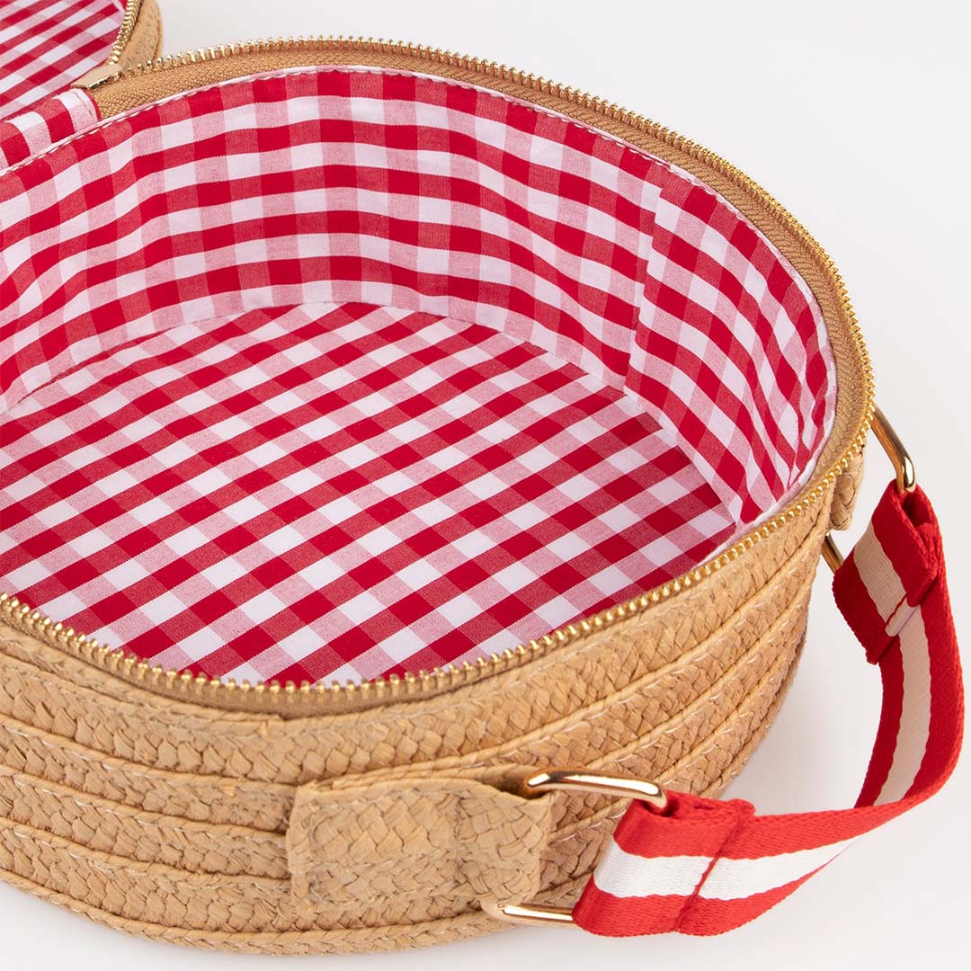 De open Meri Meri kinderhandtas in beervorm met rood-wit geruite voering en gouden rits.