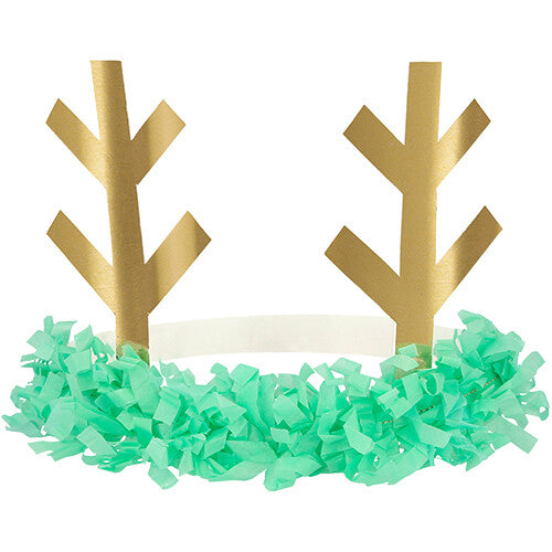 Een Meri Meri rendier hoofdband met gouden geweien en mintgroene franjes.