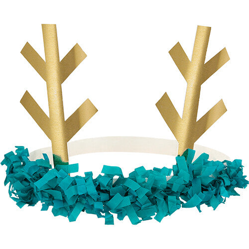 Een Meri Meri rendier hoofdband met gouden geweien en tealkleurige franjes.