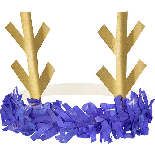 Een Meri Meri rendier hoofdband met gouden geweien en donkerpaarse franjes.