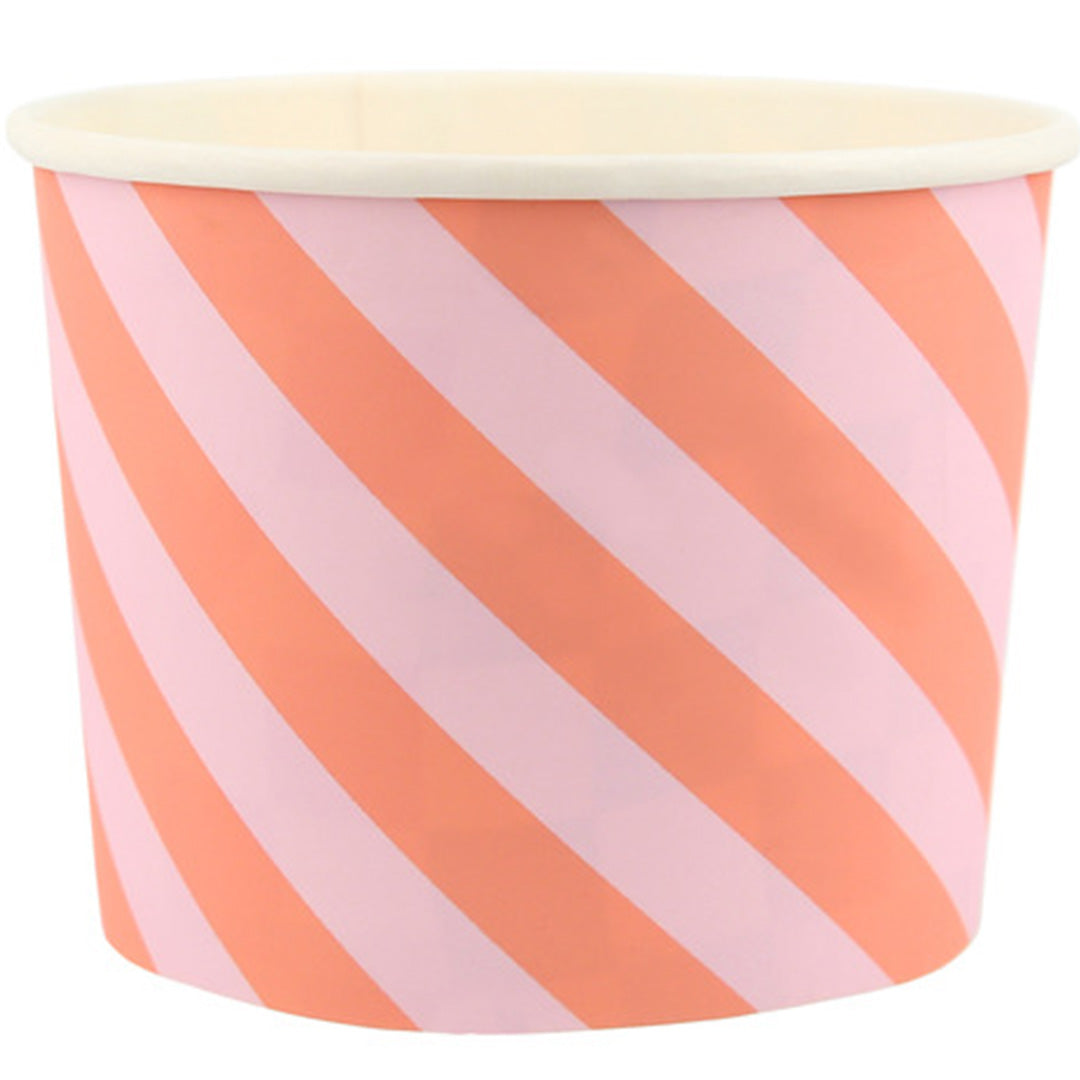 Meri Meri papieren ijsbeker met roze en oranje diagonale strepen.