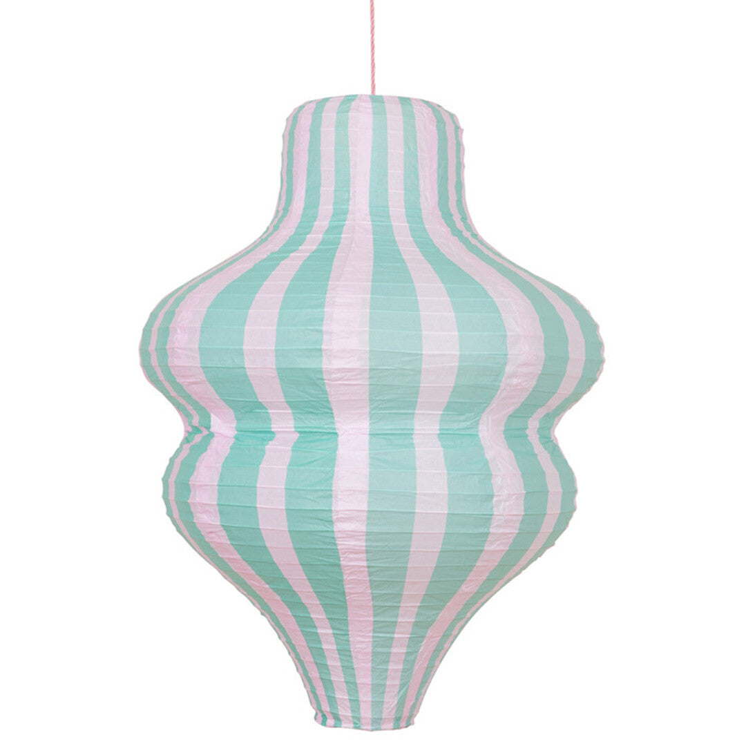 Onregelmatig gevormde Meri Meri lampion met mintgroene en roze strepen.