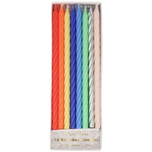 Verpakking van Meri Meri lange gedraaide feestkaarsjes in diverse neonkleuren.