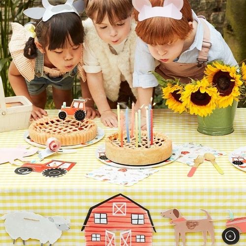 Drie kinderen blazen Meri Meri gedraaide feestkaarsjes uit op een taart tijdens een boerderijthemafeestje.