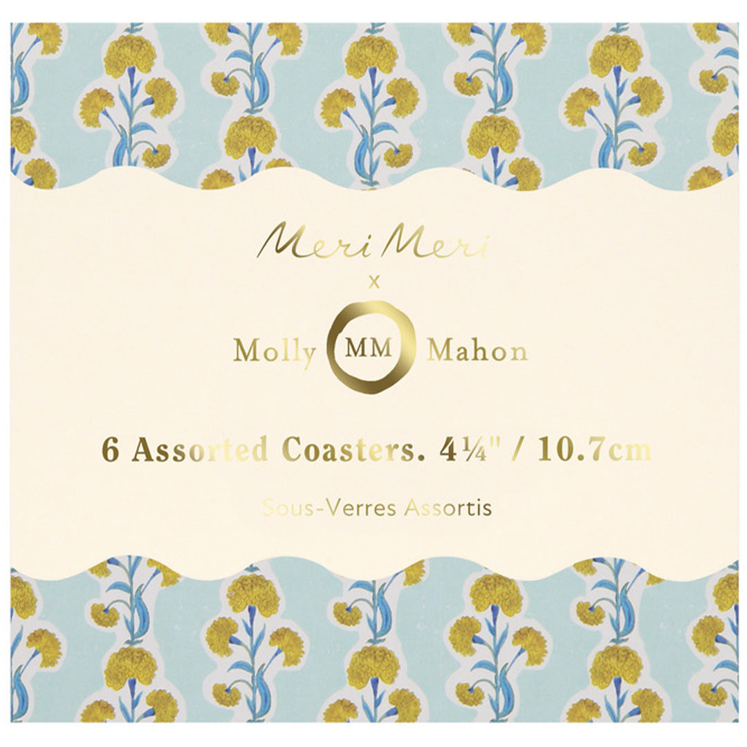 De verpakking van de Meri Meri Molly Mahon onderzetters met productinformatie.