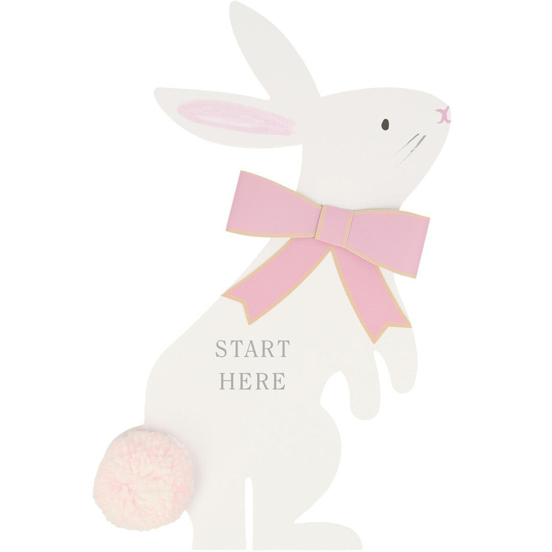 Meri Meri witte paashaas wegwijzer met roze strik en de tekst 'START HERE'.