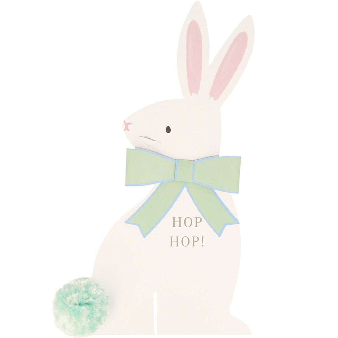 Meri Meri witte paashaas wegwijzer met lichtblauwe strik en de tekst 'HOP HOP!'.