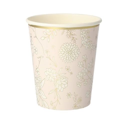 Meri Meri papieren feestbeker met een lichtroze achtergrond en gouden bloemenpatroon.