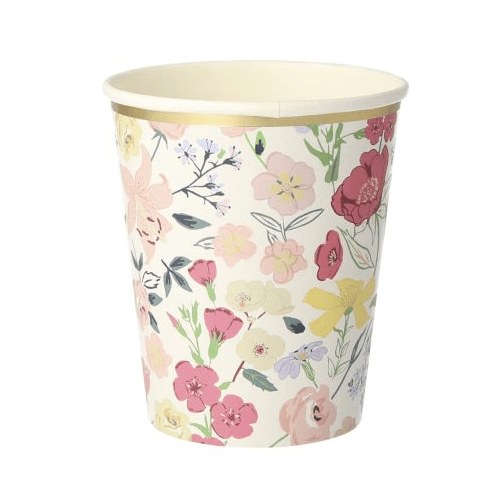 Meri Meri papieren feestbeker met een crèmekleurige achtergrond en kleurrijk bloemenpatroon.