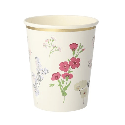 Meri Meri papieren feestbeker met een crèmekleurige achtergrond en verspreide kleurrijke bloemen.