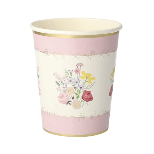 Meri Meri papieren feestbeker met een centraal bloemenboeket en roze randen.