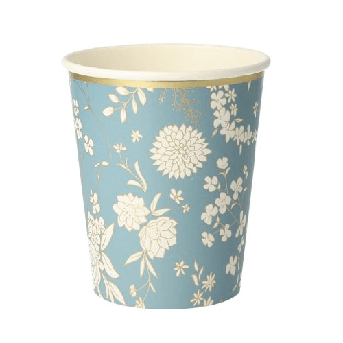 Meri Meri papieren feestbeker met een petrolblauwe achtergrond en gouden bloemenpatroon.