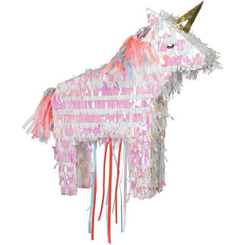 Meri Meri eenhoorn piñata, roze en wit met een gouden hoorn en kleurrijke linten.