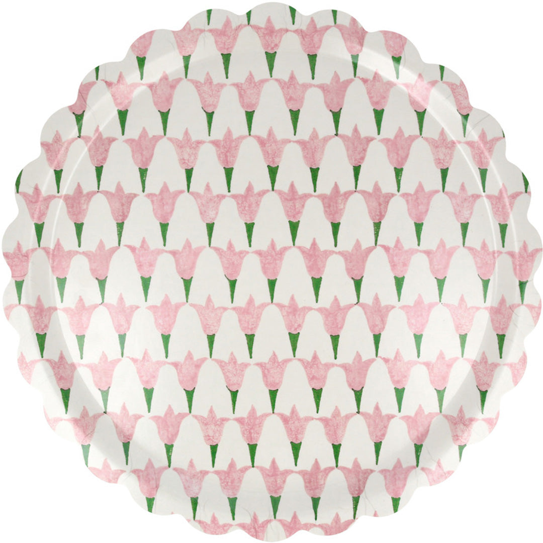 Meri Meri ronde serveerschaal met roze bloemenpatroon en geschulpte rand.