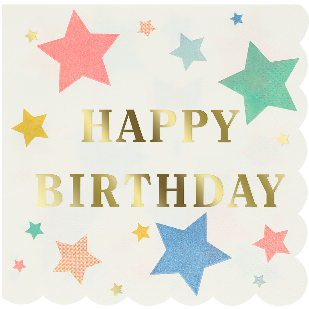 Meri Meri papieren servet met gouden 'Happy Birthday' tekst en gekleurde sterren.
