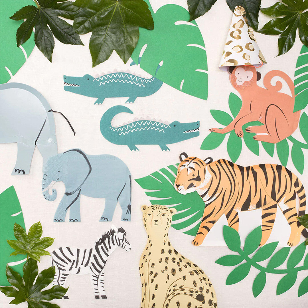 Meri Meri safari-thema servetten en feestartikelen met diverse jungle dieren.
