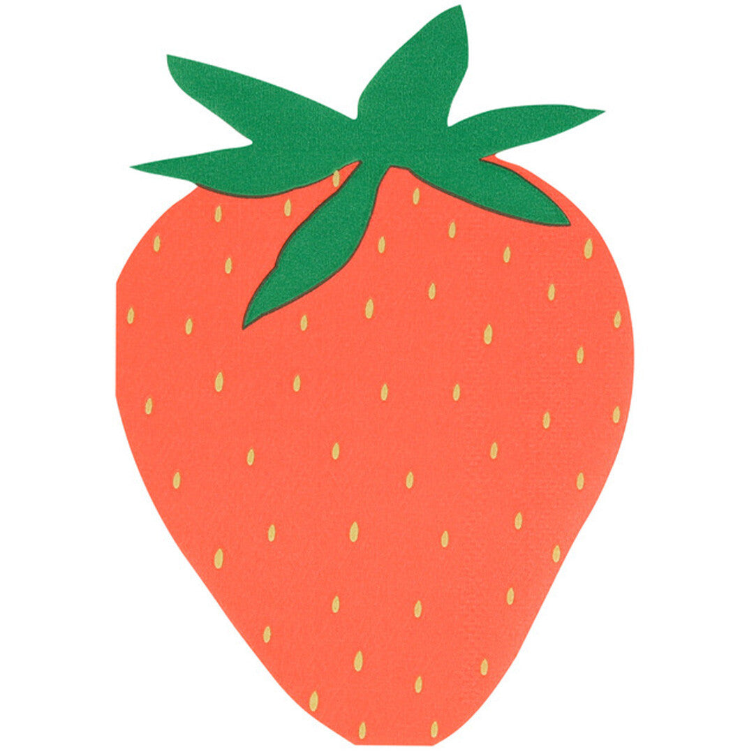 Meri Meri aardbei servet, rood met groene blaadjes en gele pitjes.